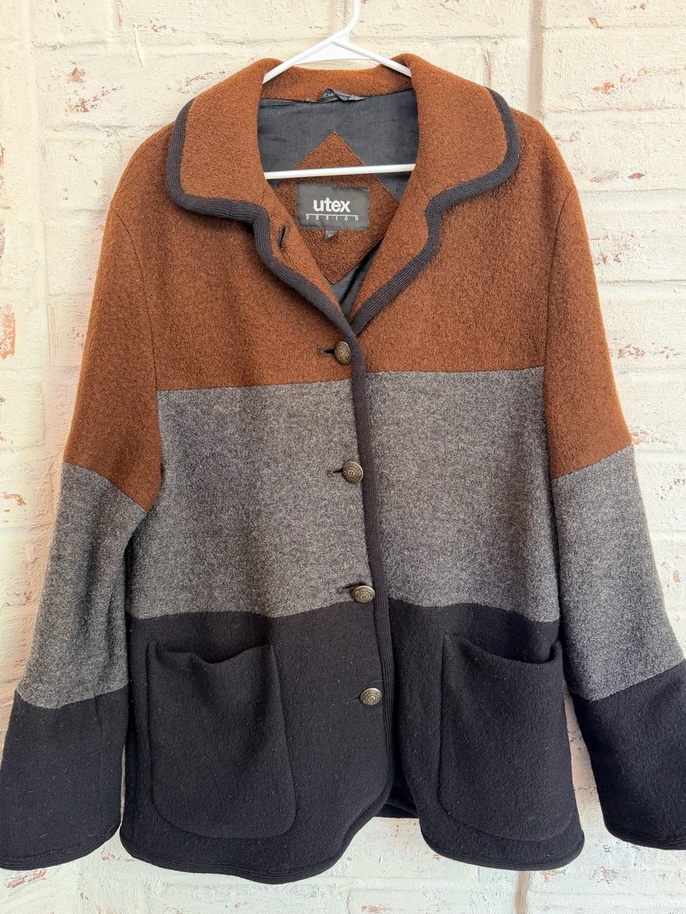 Utex Design 100% Wool Colorblock Jacket L Brown Gray Black Made in Russia - Picture 1 of 9